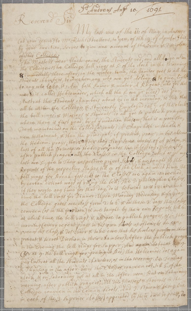 Et brev fra John Row, en student ved St. Andrews, til sin onkel, 1691 av John Row