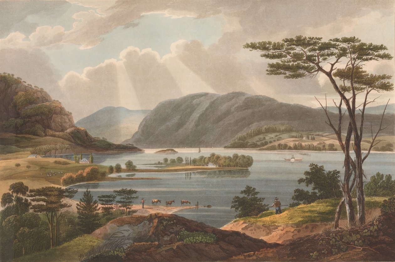 Utsikt fra Fishkill ser til West-Point nr. 15 av Hudson River Portfolio, 1825. av John Rubens Smith