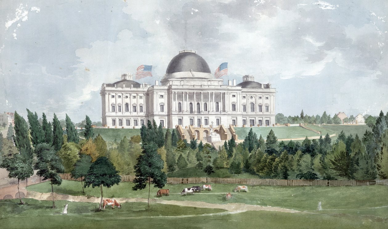 Vestfronten av United States Capitol med kyr i forgrunnen 1831 (olje på lerret) av John Rubens Smith