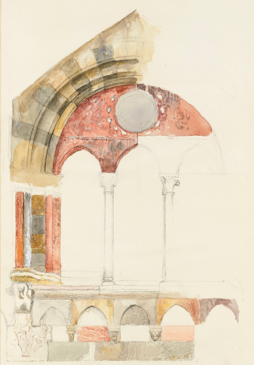 A Window of the Broletto, Como: Rask Sketch in Colour, som viser metode for innlegging av klinkekuler, august 1869? (akvarell og kroppsfarge over grafitt på vevd papir) av John Ruskin