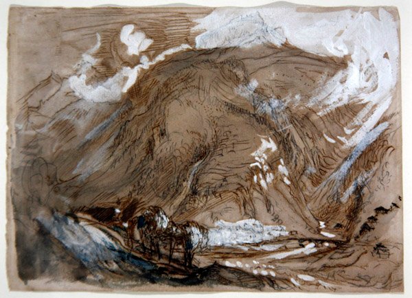 Alpine Valley, ca. 1854 (blyant, blekk og akvarell forsterket med hvitt på papir) av John Ruskin