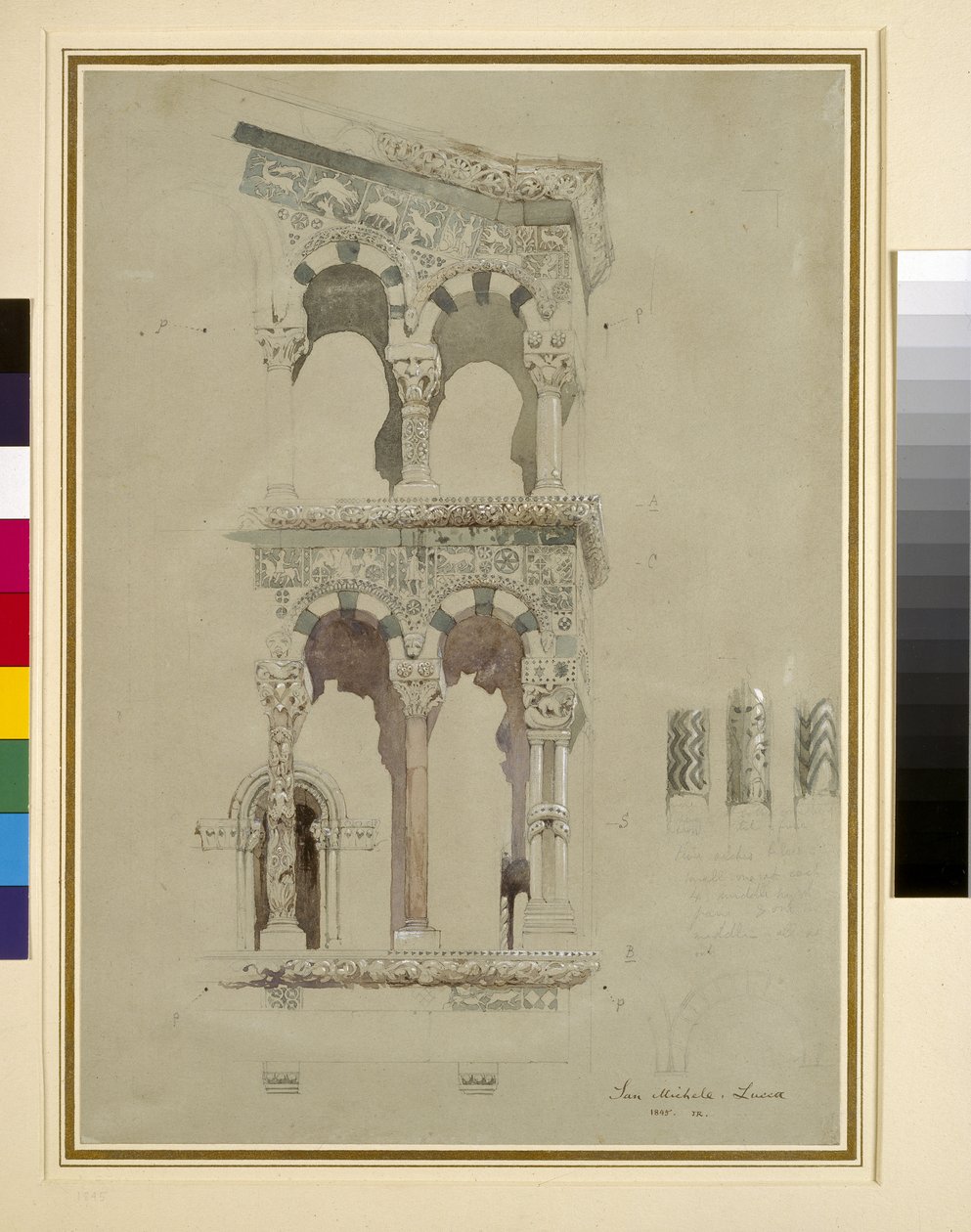 Detalj av fasaden til San Michele i Foro, Lucca, 1845 wc på papir av John Ruskin