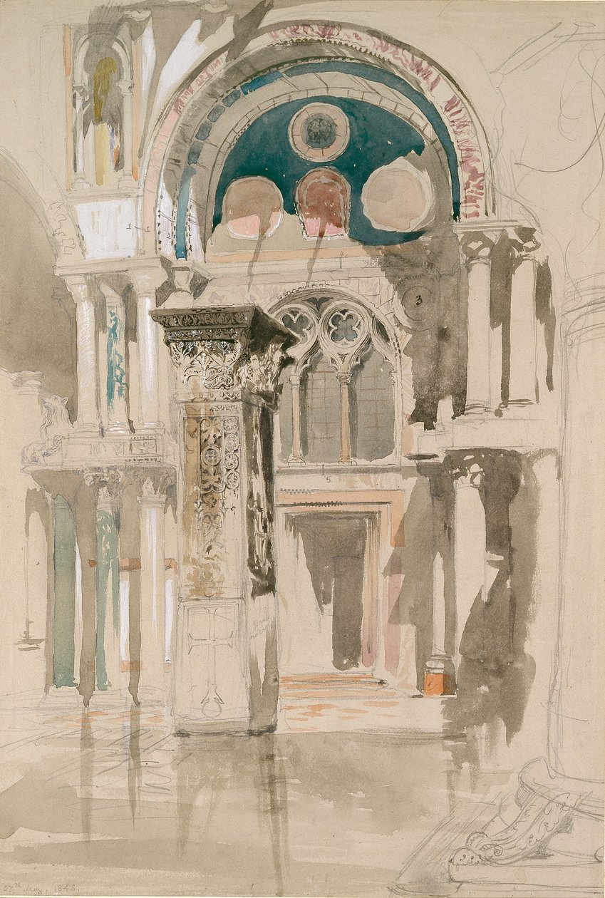En del av Markuskirken, Venezia: Sketch after Rain, 27. mai 1846 av John Ruskin