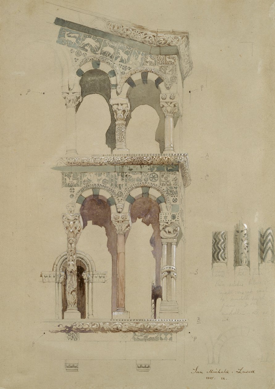 En del av fasaden til den ødelagte kirken San Michele i Foro, Lucca, slik den så ut i 1845, Ma av John Ruskin