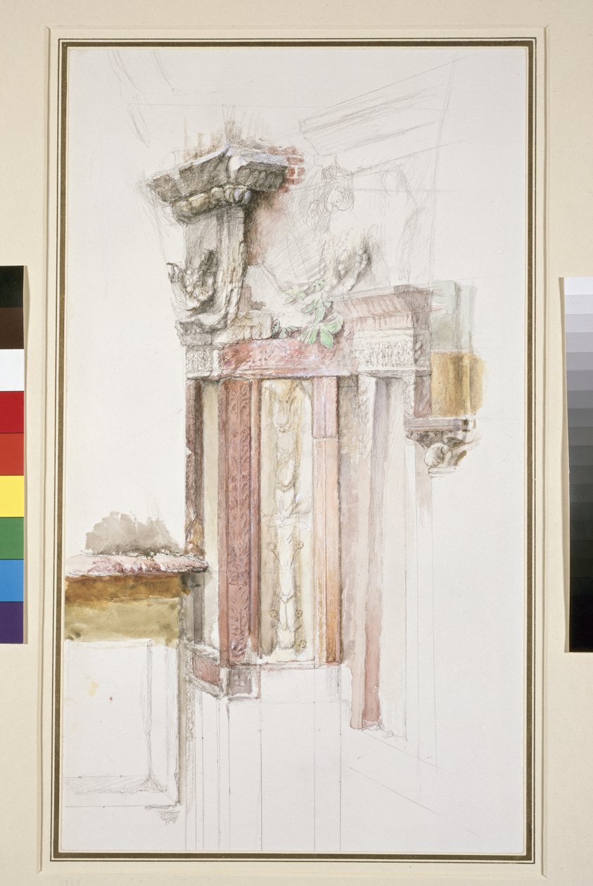 Pilaster på fasaden til Sant Anastasia, Verona, juni 1869 (wc & kroppsfarge over grafitt på papir, noen linjer regjerte) av John Ruskin