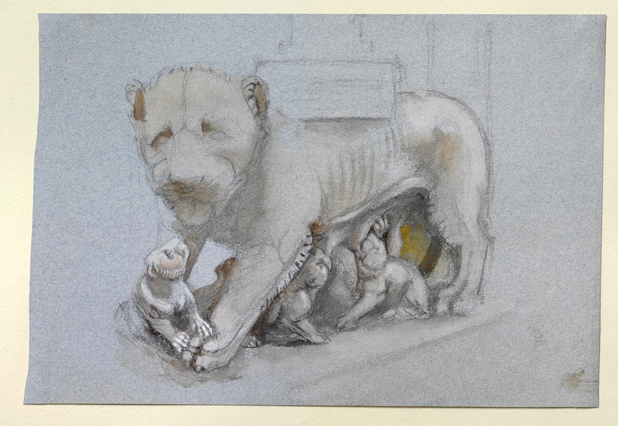 Skisse av løvinne og unger fra Nicola Pisanos Siena Preikestol, juni 1870 (akvarell og kroppsfarge over grafitt på blågrått vevd papir) av John Ruskin