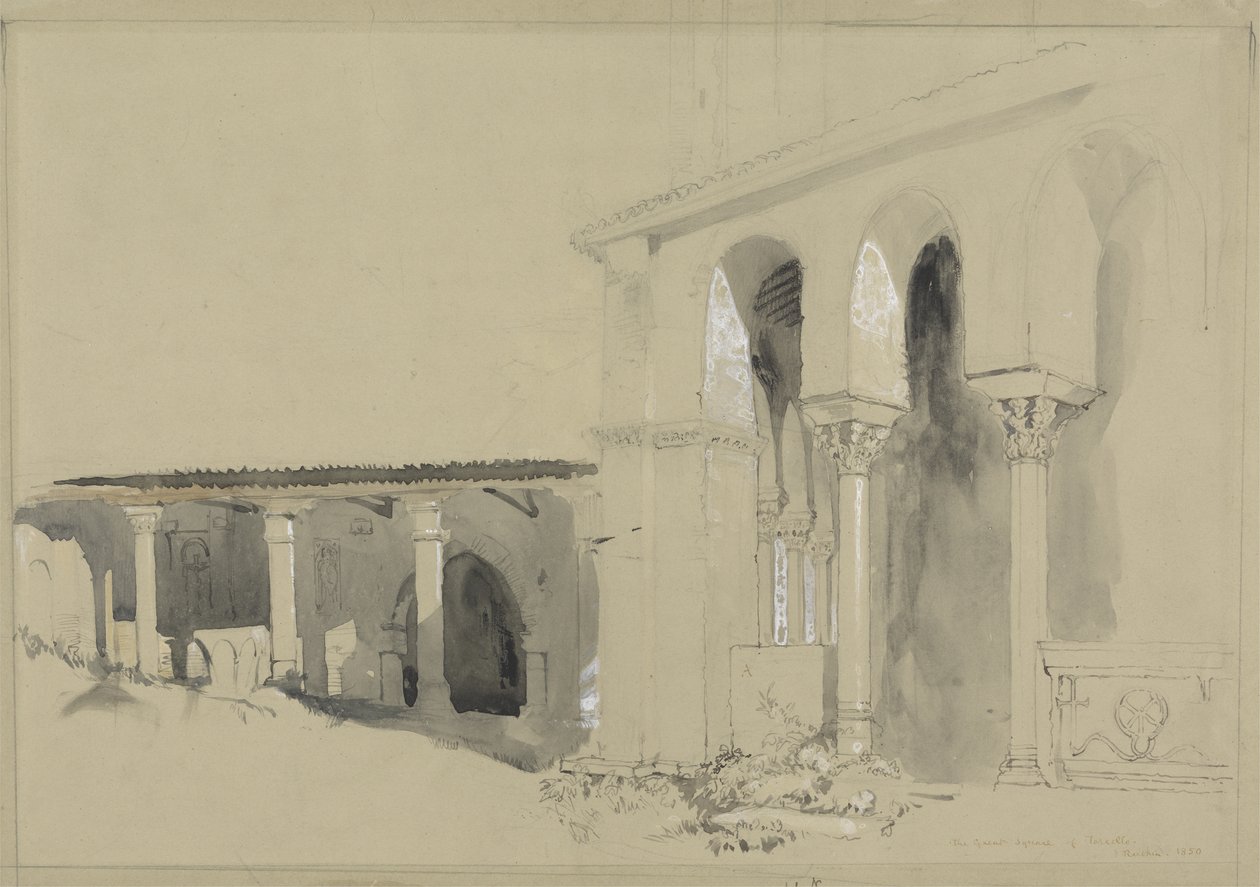 The Great Square at Torcello, 1850 (penn, blekk og vask over grafitt med gouache på brunt vevd papir) av John Ruskin