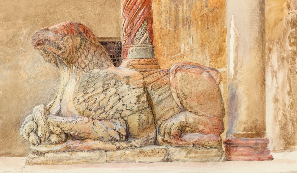 Gryphon som bærer den nordlige akselen av den vestlige inngangen til Duomo, Verona av John Ruskin