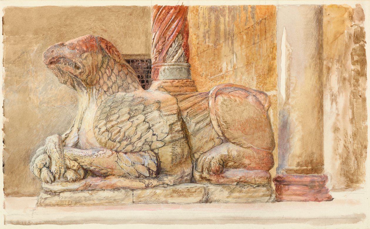 Gryphon som bærer den nordlige akselen av den vestlige inngangen til Duomo, Verona, 18. - 28. juni 1869. av John Ruskin