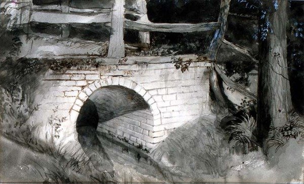 The Small Brick Bridge (blekk med vask på papir) av John Ruskin