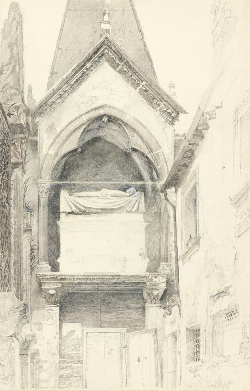 Graven til Cangrande I della Scala, Verona, 28. mai-29. juni 1869 (grafitt, akvarell og kroppsfarge på vevd papir) av John Ruskin