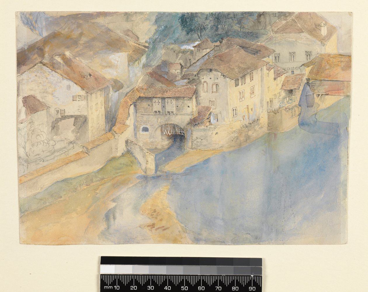 Utsikt over Fribourg, Sveits, ca. 1854 (blyant, penn og blekk og gouache på papir) av John Ruskin