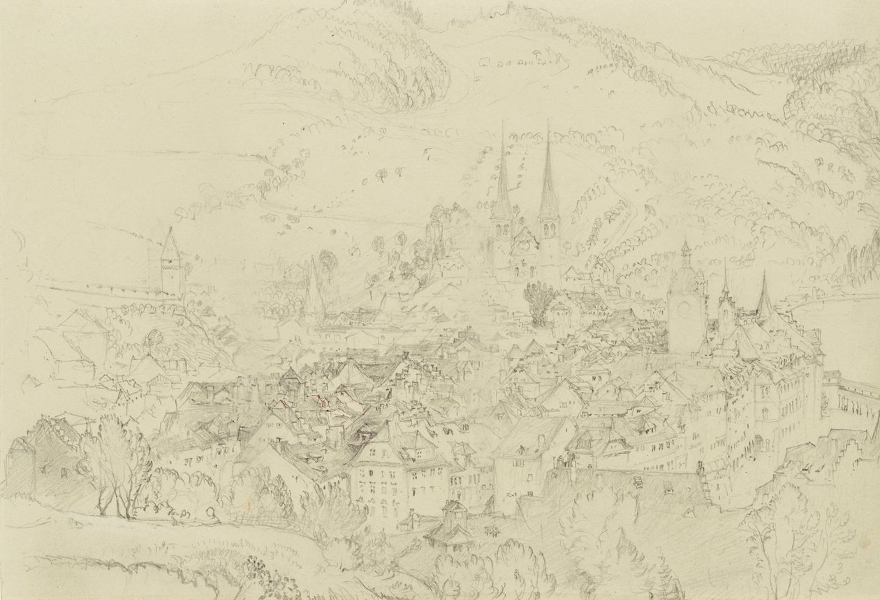 Utsikt over Luzern ovenfra, oktober-desember 1861 (grafitt med innslag av penn og blekk på blekgrå vevd papir) av John Ruskin