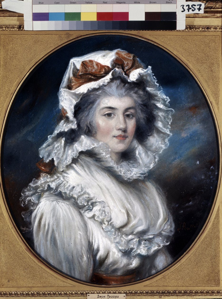 Portrett av en ung kvinne med en caps (Portrett av en jente i en caps). Tegning av John Russell (1745-1806). Pastell på papir, andre halvdel av 1700-tallet. Engelsk kunst fra 1700-tallet. Eremitasjemuseet, St. Petersburg. av John Russel