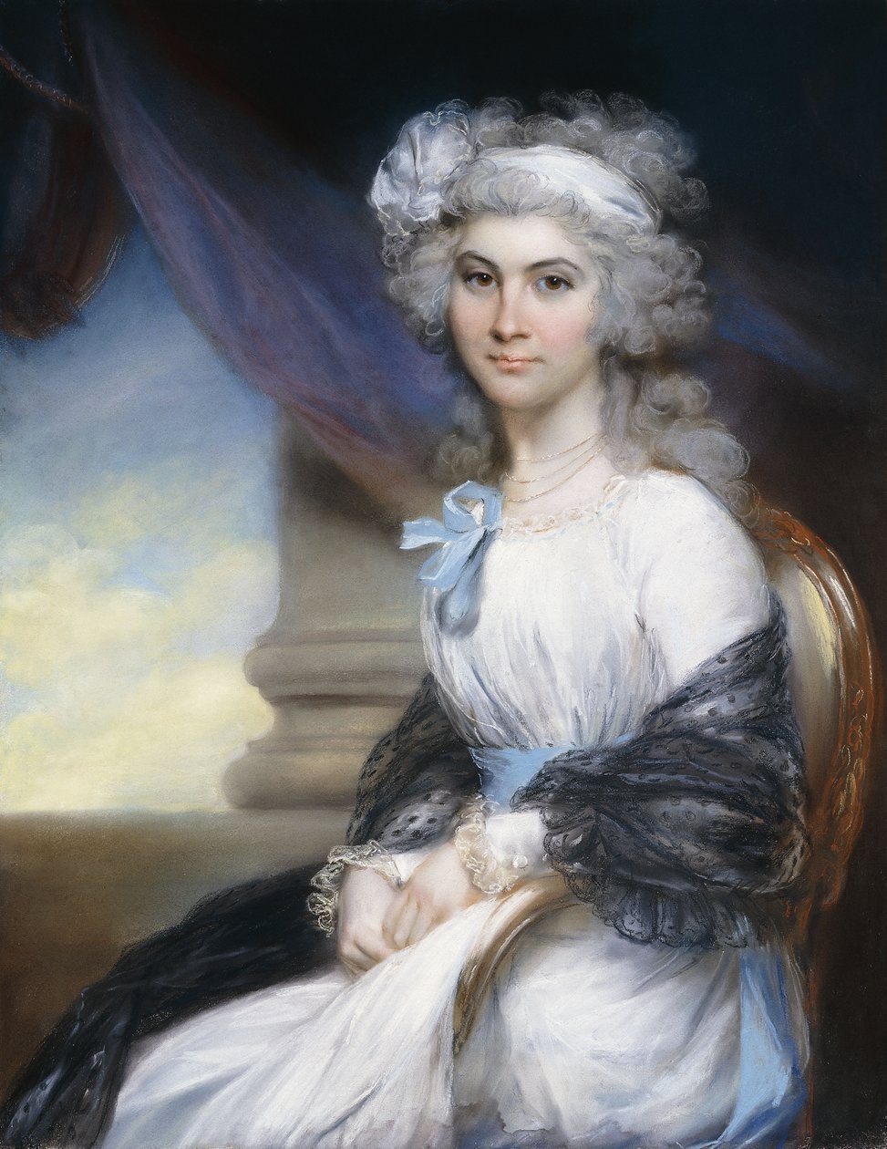 Portrett av frøken Sophia Vansittart, tre-kvarts lengde, iført en hvit kjole med et hvitt bånd om det pulveriserte håret og et svart sjal drapert om skuldrene, sittende ved siden av en klassisk søyle, av John Russell