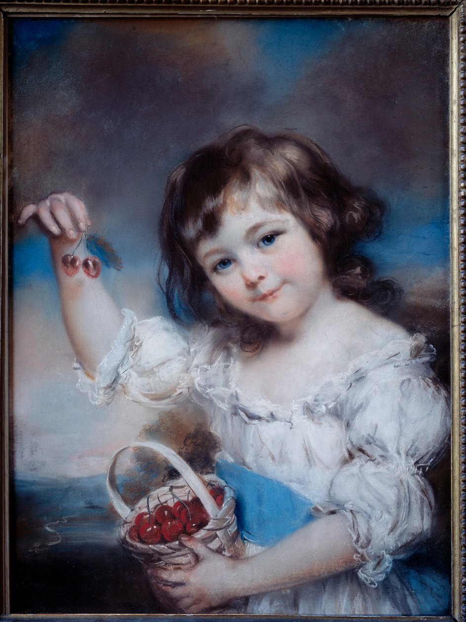 Portrett av en liten jente i kurven med kirsebær, maleri av John Russel (1745-1806) 1800-tallet av John Russell