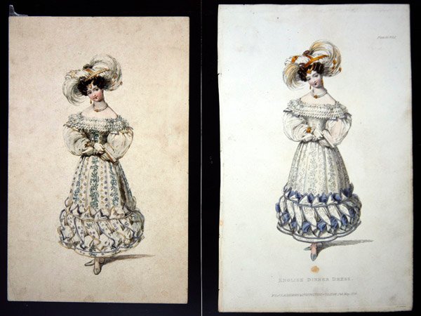 Skisse og trykk av en moteplate, ca. 1829 (blyant og akvarell på papir og håndkolorert gravering) av John Samuel Agar