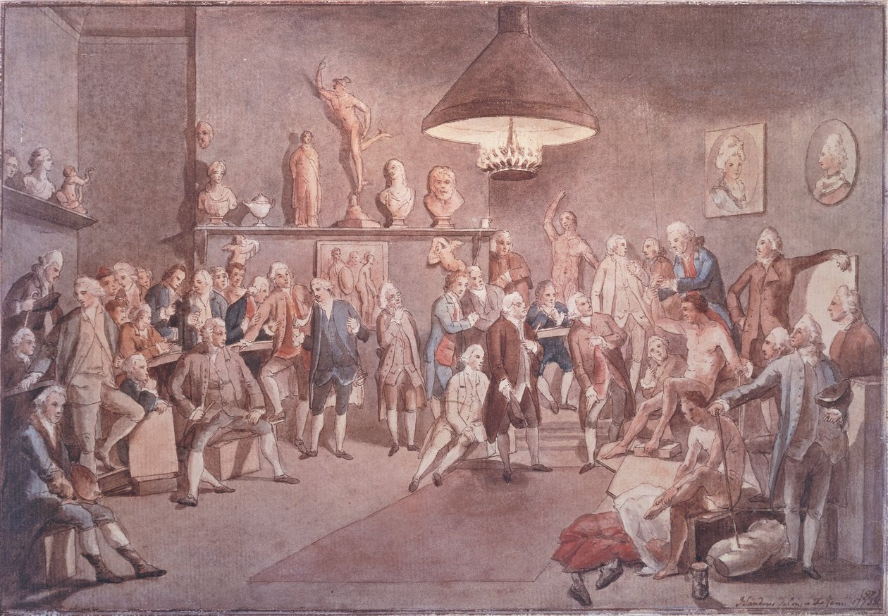 Akademikerne ved The Royal Academy i London, kopi etter et maleri av Johann Zoffany (1733-1810) av John Sanders