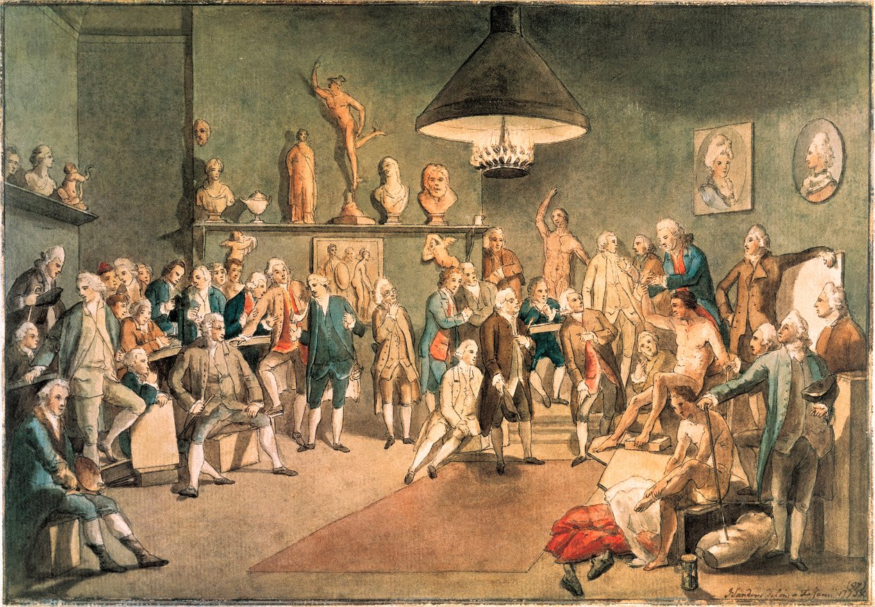 Akademikerne ved The Royal Academy i London, kopiert etter et maleri av Johann Zoffany (1733-1810) av John Sanders