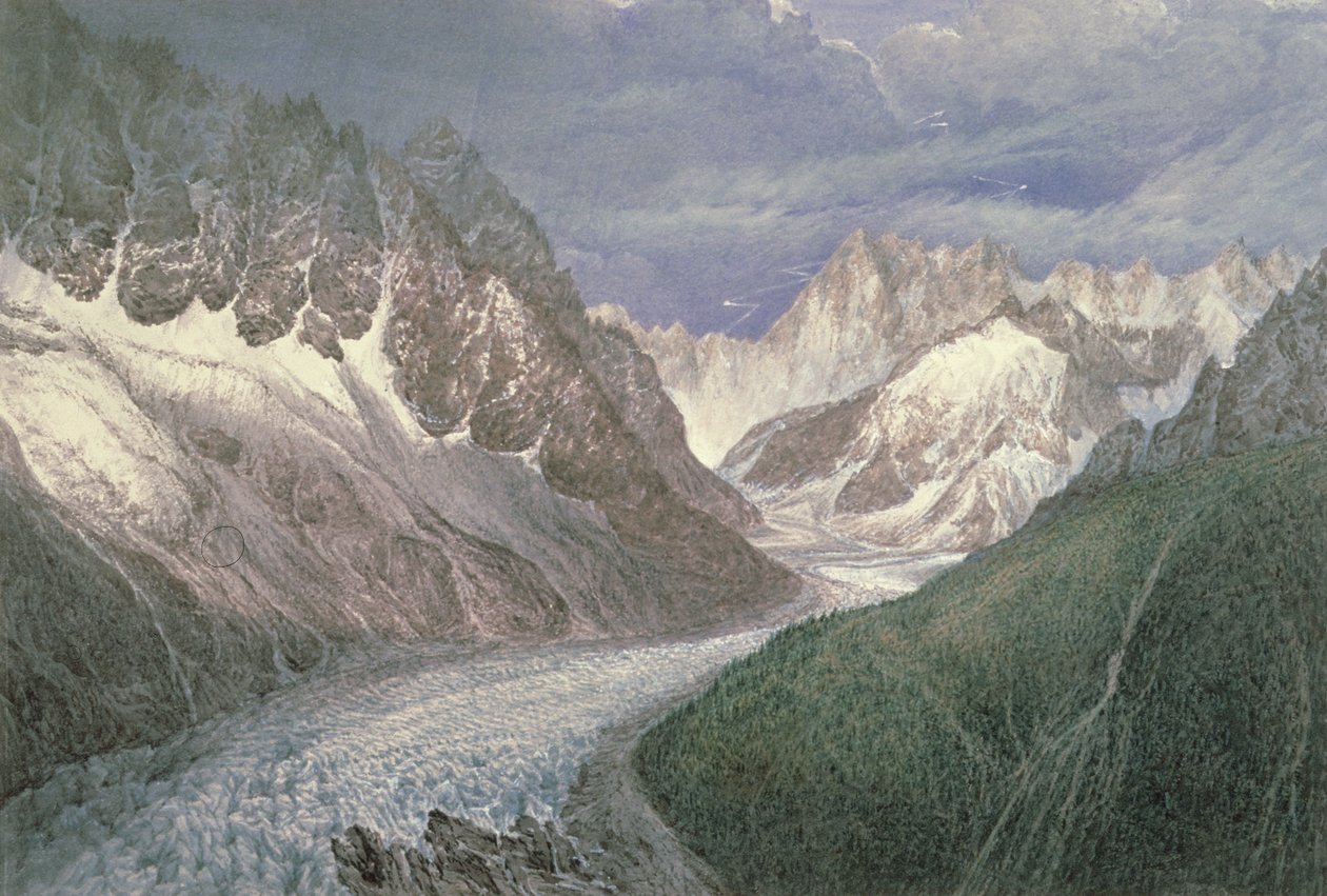 Utsikt over Mer de Glace med Aiguille du Moine til venstre og Grandes Jorasses i det fjerne til høyre, 1800-tallet av John Scandrett Harford