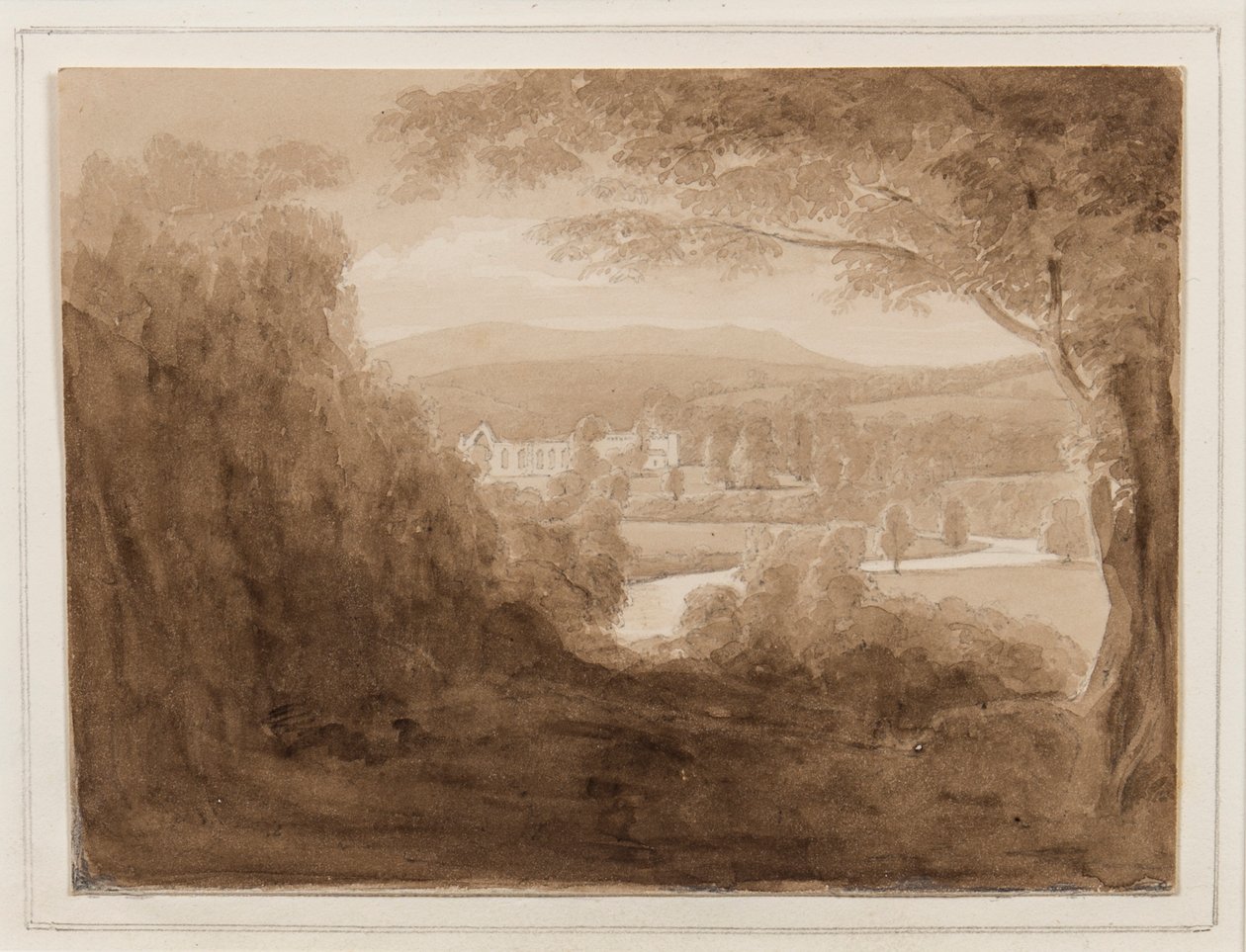 Bolton Abbey, Yorkshire, 25.–27. oktober 1824 (blyant, pensel og sepiablekk på papir) av John Scarlett Davis
