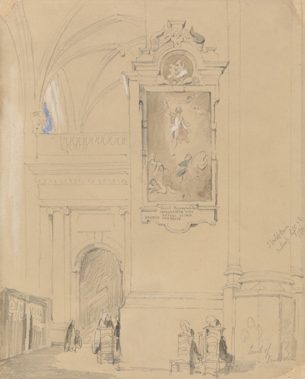 The Tomb of Hendrick van Balen (1575-1632), Antwerpen, 7. september 1832 (grafitt med wc på oransje papir) av John Scarlett Davis