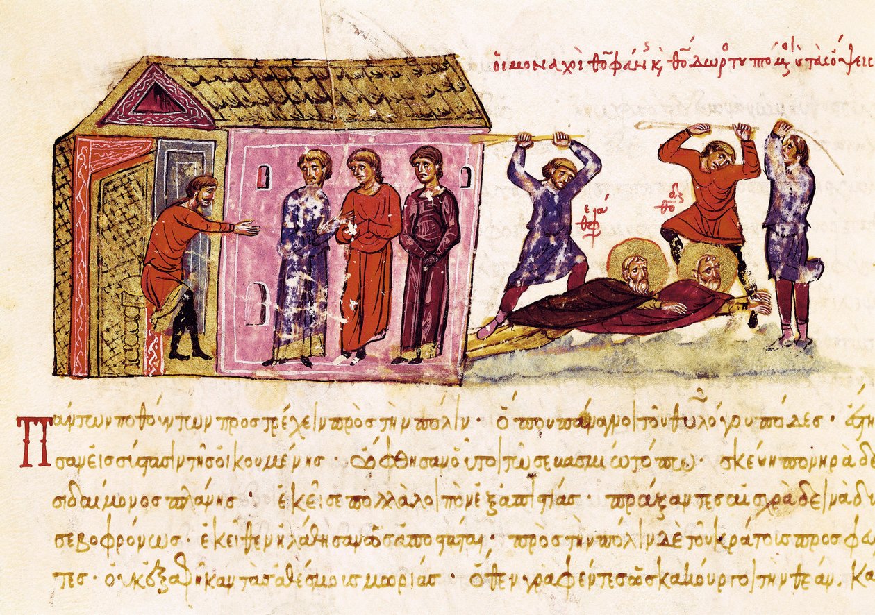 Munkene Saint Theophanes the Confessor (ca. 759-818) og Saint Theodore the Studite (759-826) pisket på ordre fra keiser Theophile, miniatyr fra "Synopsis historiarum", ca. 1126-1150 av John Scylitzes