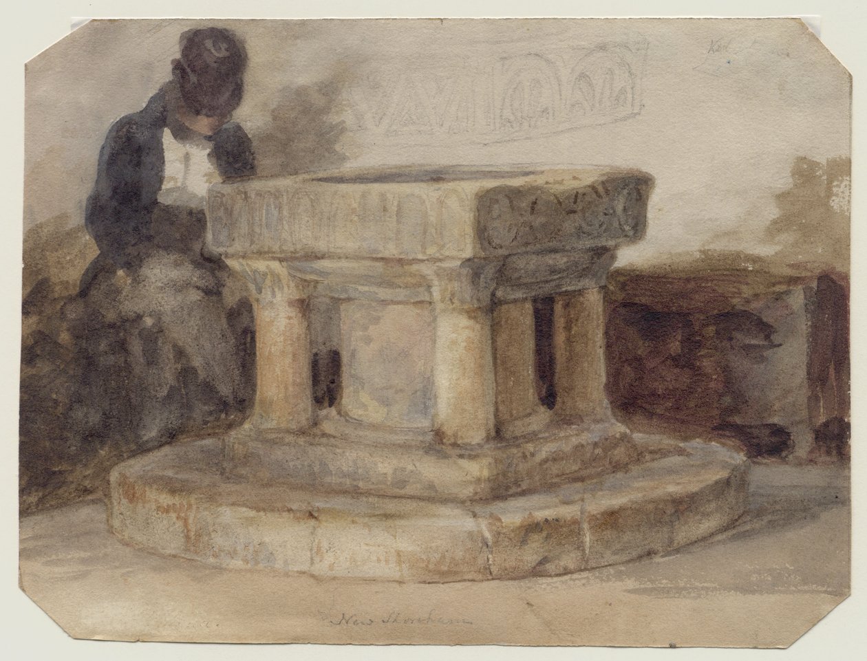 Fonten til New Shoreham Church, West Sussex, med kunstneren William Scott fra Brighton som sover av John Sell (style of) Cotman