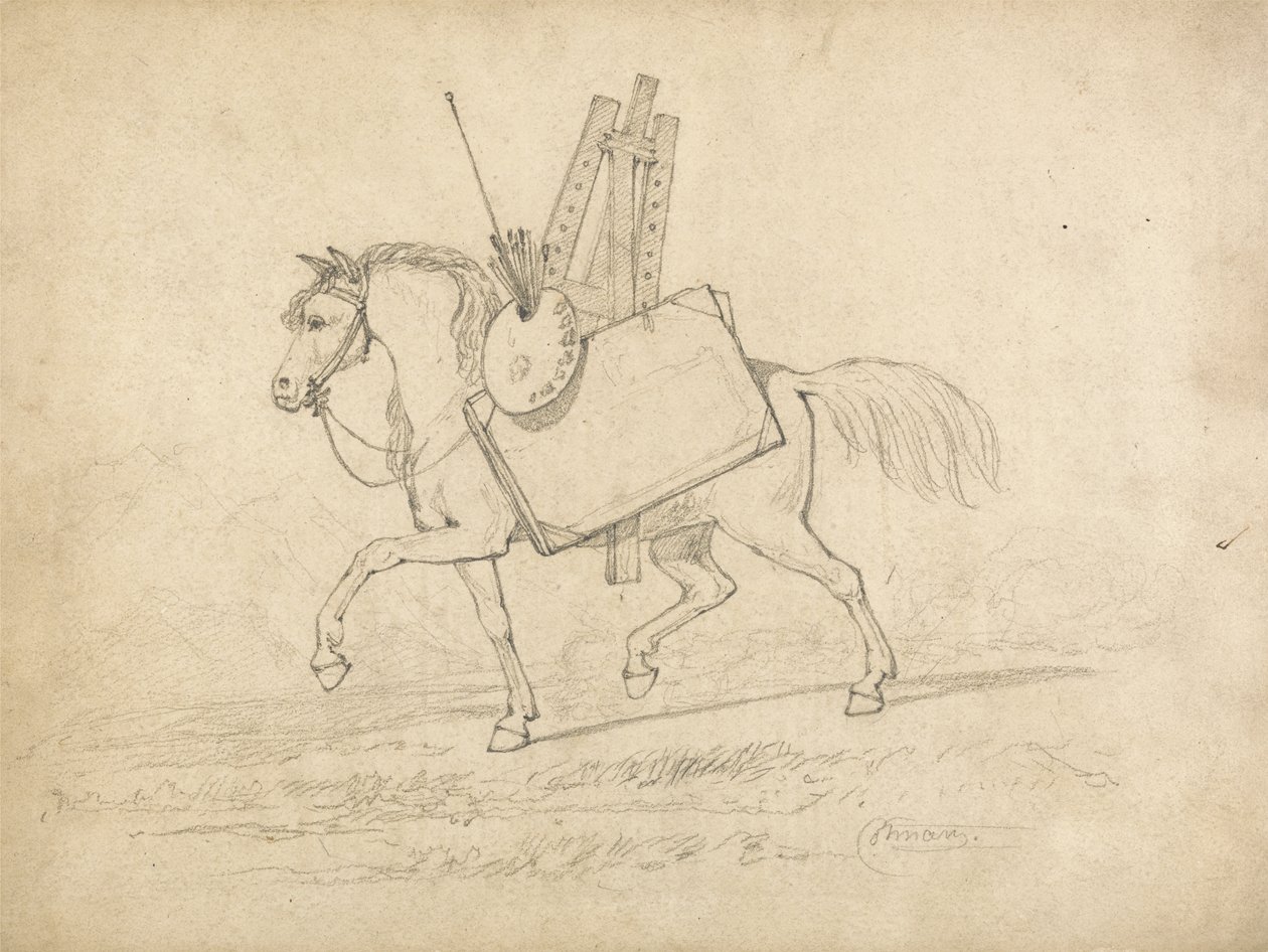 En hest lastet med kunstnerutstyr, går til venstre (grafitt på papir) av John Sell Cotman