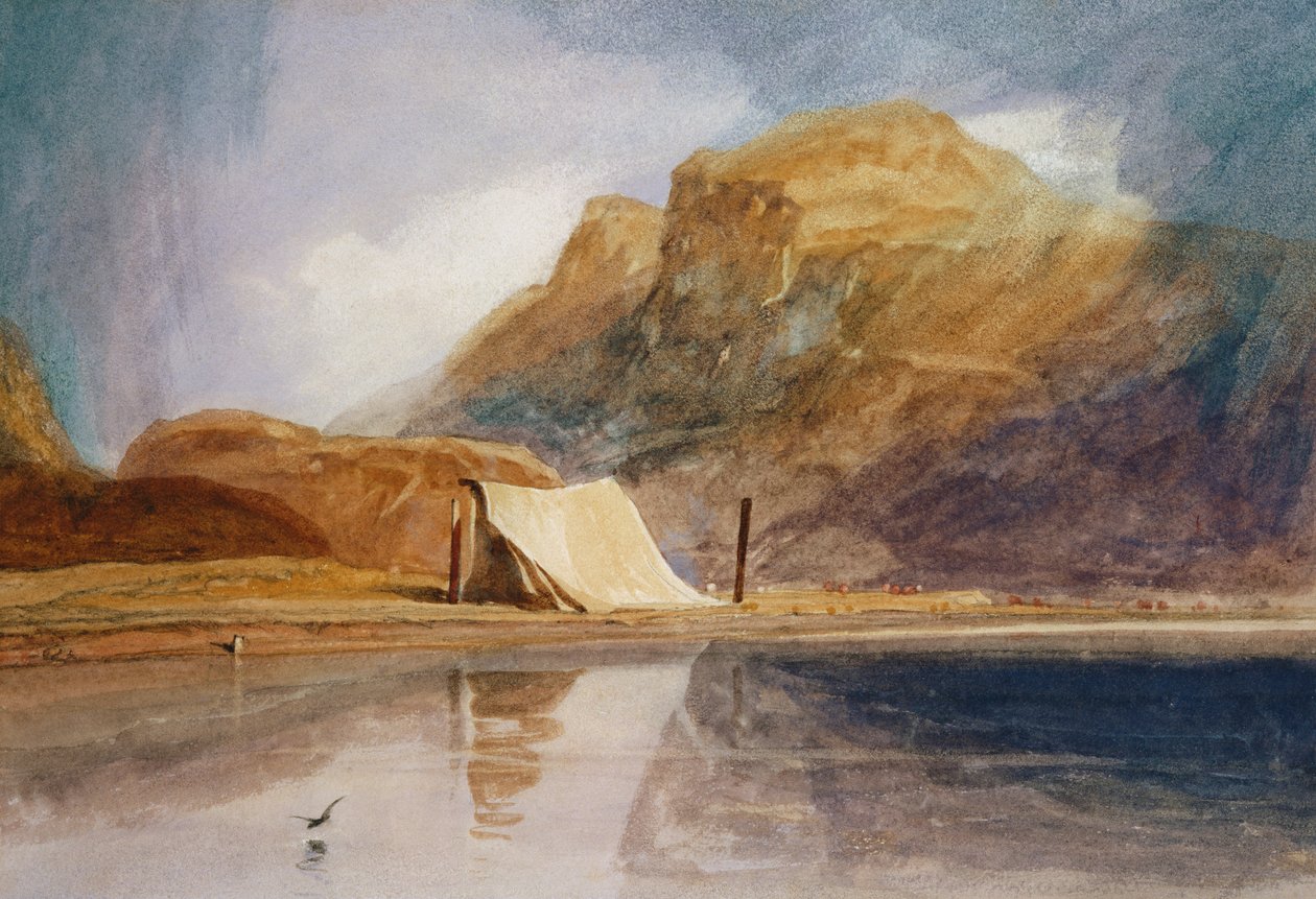 En fjellrik innsjø med et telt oppslått ved bredden av John Sell Cotman