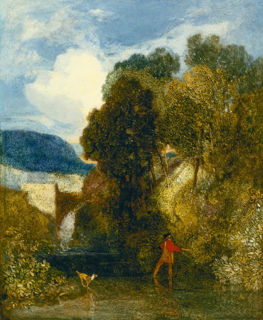 Et elvelandskap med en fisker og hunden hans (olje på lerret) av John Sell Cotman