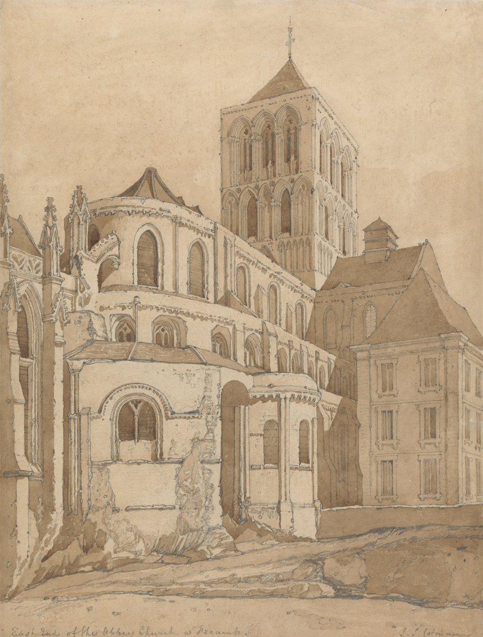 Abbey Church i Fecamp, Normandie, ca. 1817-20 (grafitt og brun vask på papir) av John Sell Cotman