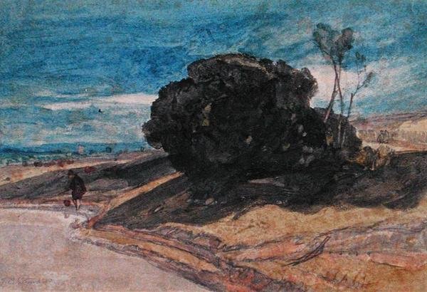 En fisker på en elvebredd i nærheten av en treklump (akvarell på papir) av John Sell Cotman