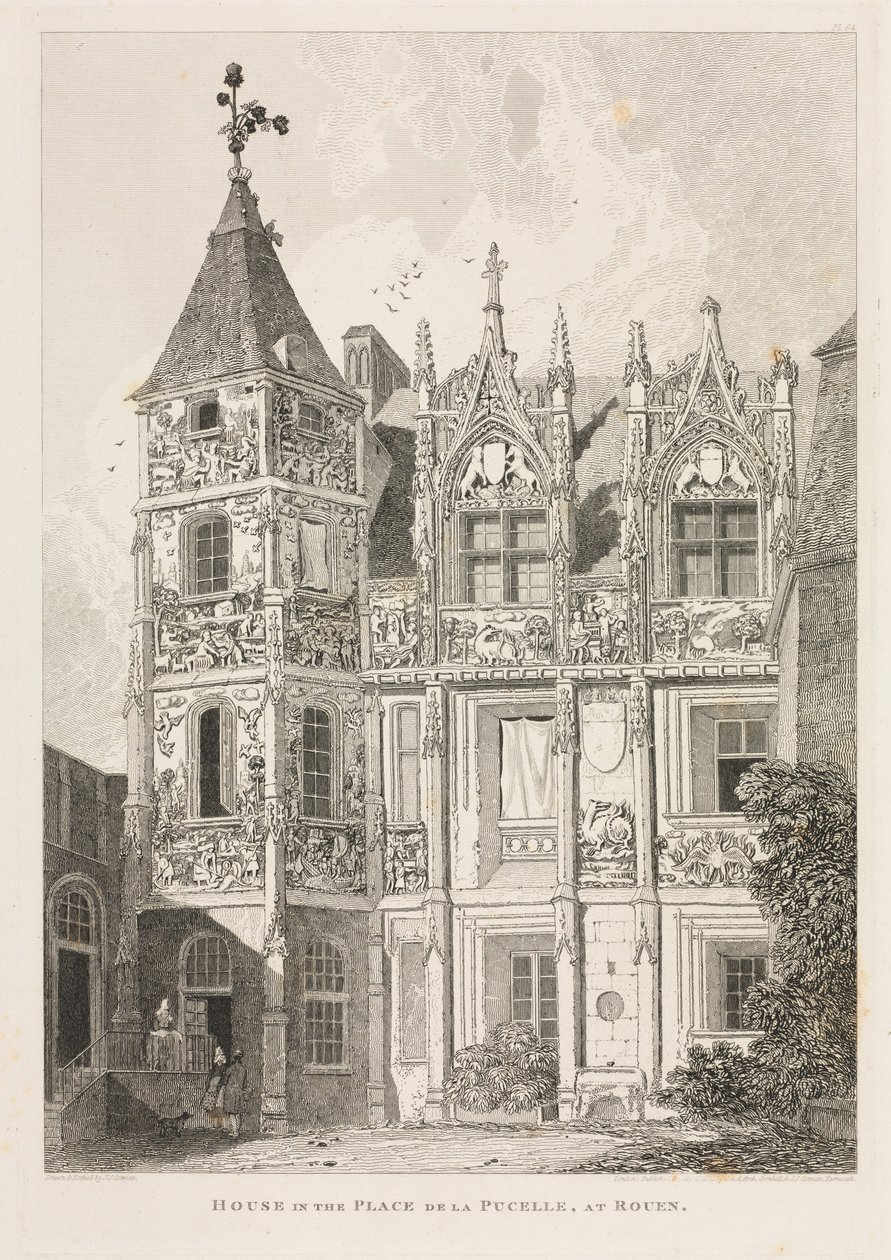 Architectural Antiquities of Normandy Vol. II, Pl. 64: Hus på Place de la Pucelle, i Rouen, av John Sell Cotman