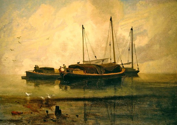 Båter ved Anchor, Bladon Water, Norfolk (olje på lerret) av John Sell Cotman