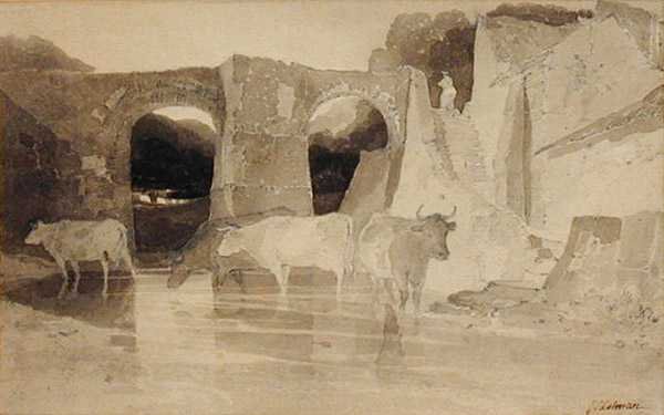 Bro og kyr (penn og blekk og vask på papir) av John Sell Cotman