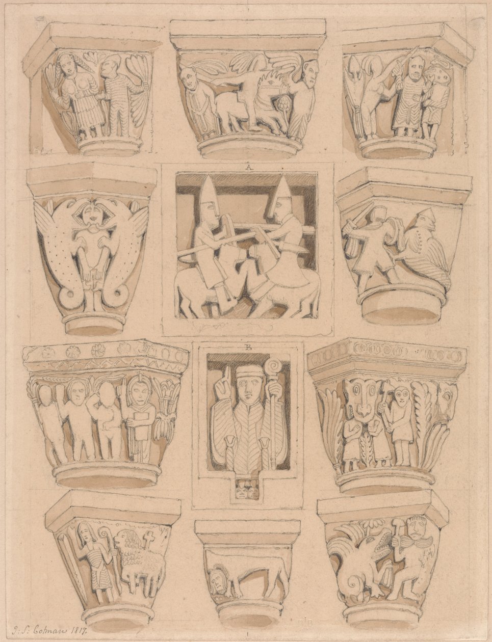 Kapitaler og A & B Bas-relieffer i Abbey Church of Saint Georges de Bocherville, nær Rouen, Normandie av John Sell Cotman