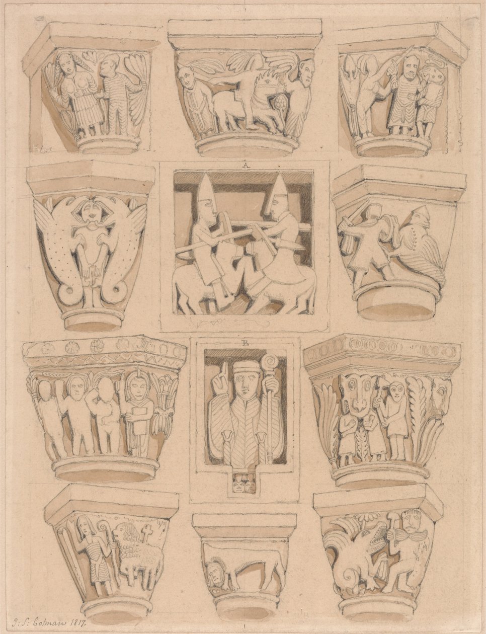 Hovedsteder og A & B Bas-relieffer i Abbey Church of Saint Georges de Bocherville, nær Rouen, Normandie av John Sell Cotman