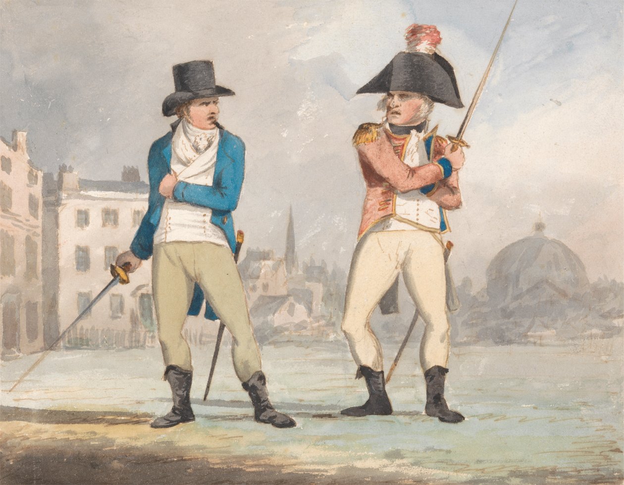 Karikatur av to menn med dragne sverd (en av et sett på tre) av John Sell Cotman