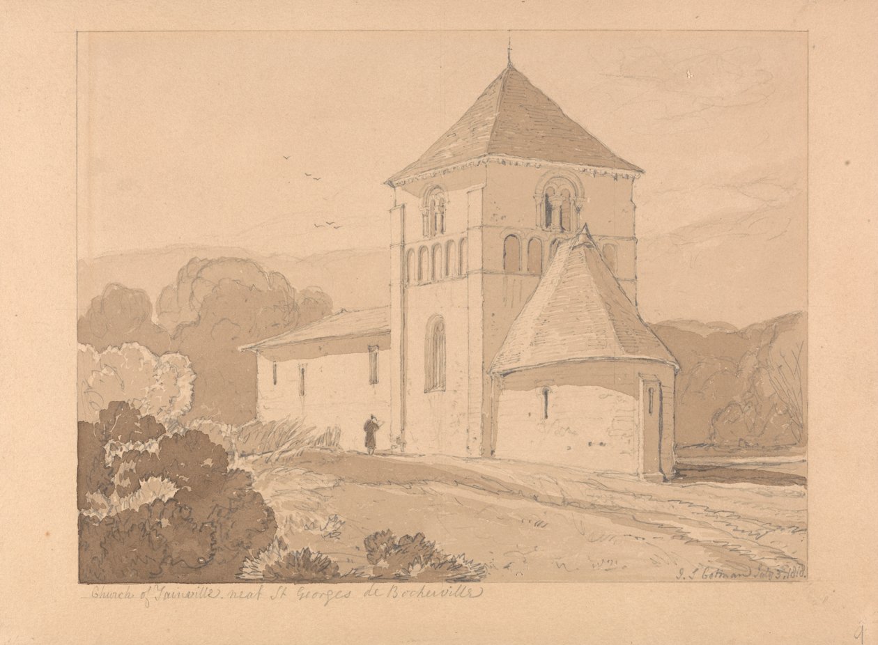 Yainville kirke, nær Saint Georges de Bocherville, Normandie av John Sell Cotman