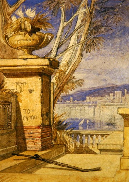 Klassisk landskap med en urne: et design for en frontispice (blyant og akvarell på papir) av John Sell Cotman