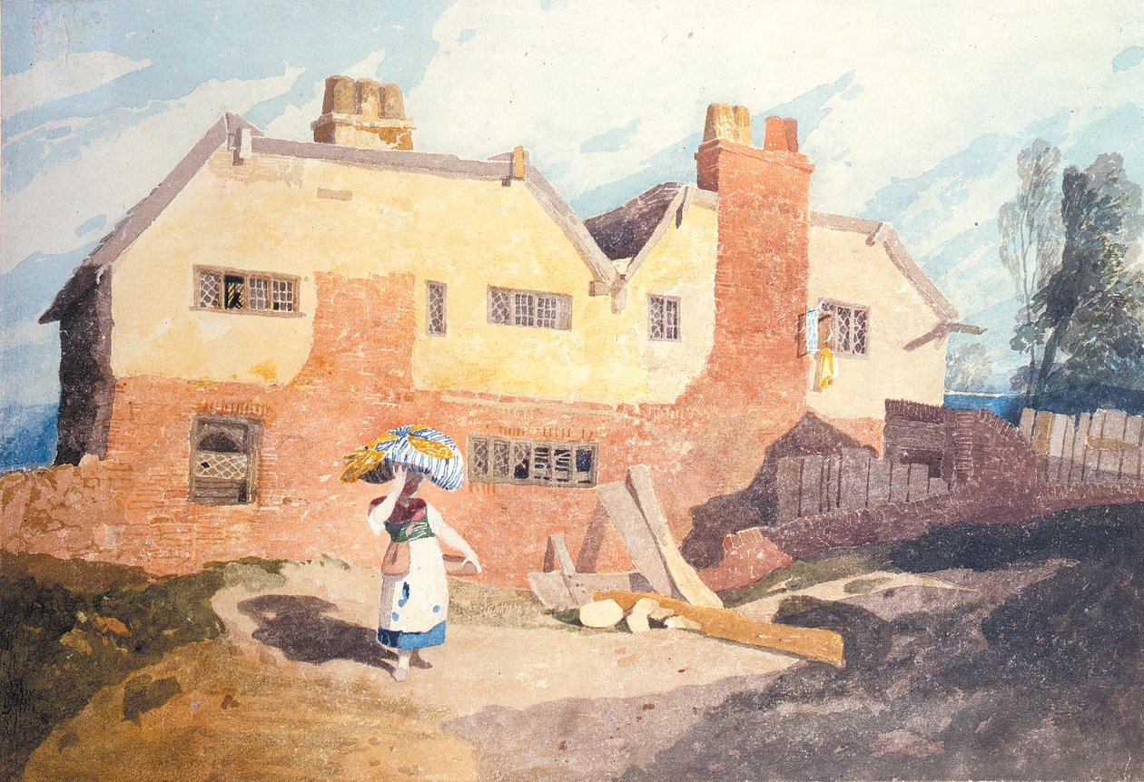 Hytter med en vaskekone (Elm Hill, Norwich) ca. 1808-9 av John Sell Cotman