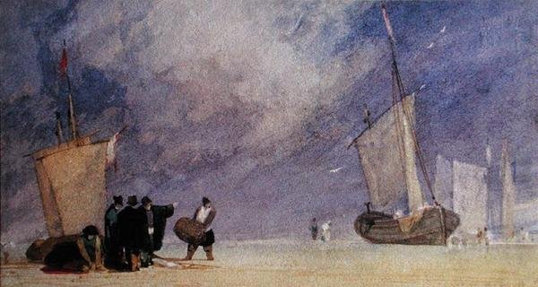 Figurer av kysten som losser en båt ved lavvann (penn og brunt blekk og akvarell på papir) av John Sell Cotman