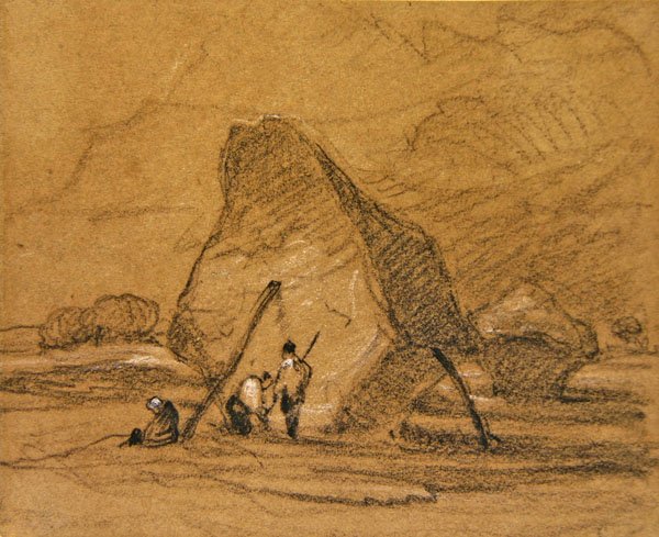 Høystakker (svart kritt forhøyet med hvitt på papir) av John Sell Cotman