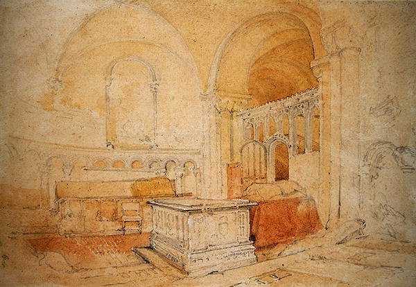 Interiør i Norwich Cathedral (blyant og akvarell på papir) av John Sell Cotman