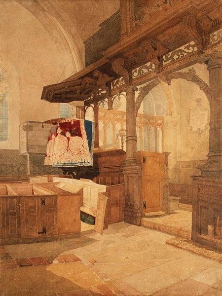 Interiør av Trentham Church, Staffordshire, ca. 1808 (akvarell på papir) av John Sell Cotman