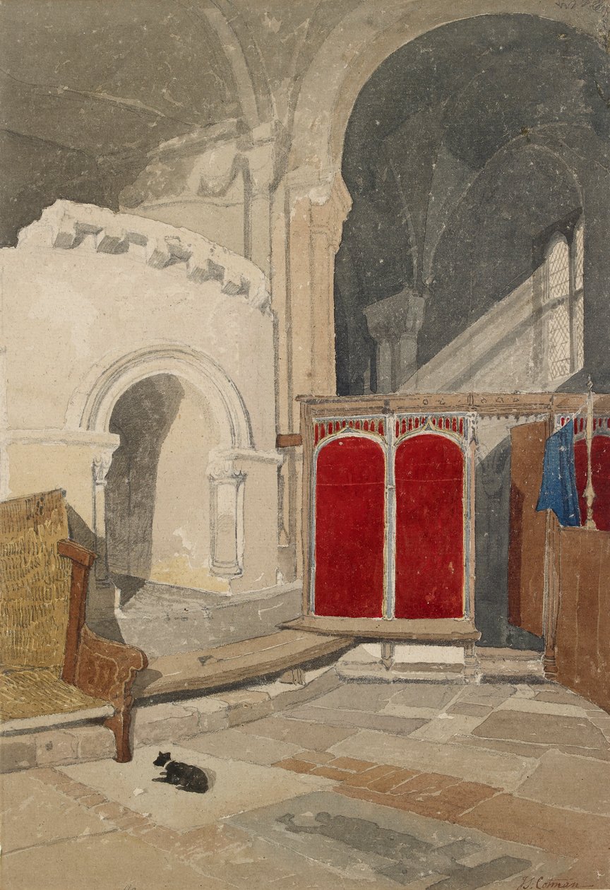 Interiør av Eastern Ambulatory of the Apse of Norwich Cathedral, tidlig på 1800-tallet av John Sell Cotman