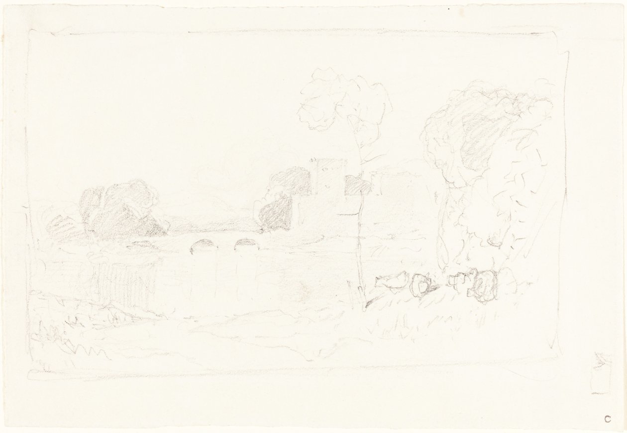 Landskapsskisse med bro og slott av John Sell Cotman