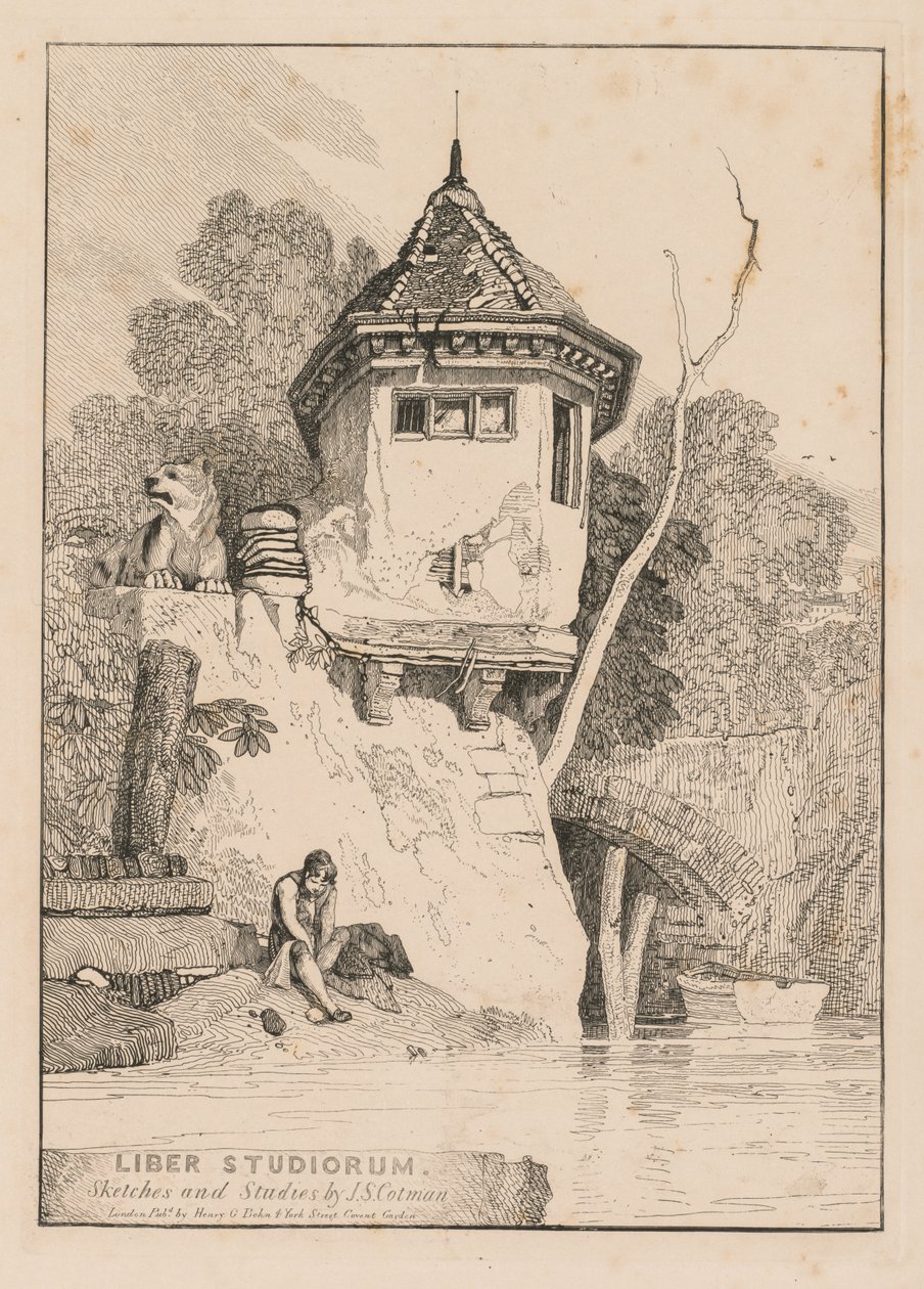 Liber Studiorum, Frontispice, utsikt over et hagehus ved bredden av elven Yare, 1838. av John Sell Cotman