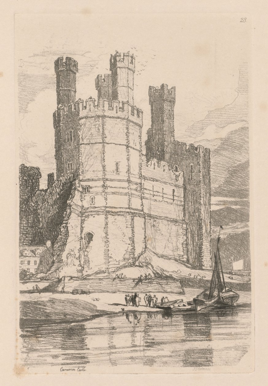 Studiebok: Plate 28, Caernarvon Castle, N. Wales, 1838 av John Sell Cotman